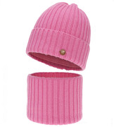 Czapka i komin z wełny merino 100%, komplet zimowy, Navira, różowy, 54-56 cm