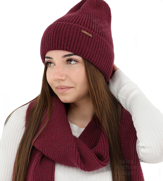 Komplet zimowy damski, czapka i szalik, z wełną merino, Alyssa, bordowy, 56-60 cm