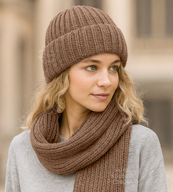 Komplet czapka i szalik,  merino 100%, Porshia, kakaowy, 55-56 cm