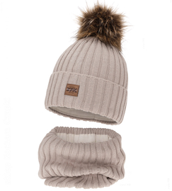 Czapka i komin z wełny merino 100%, komplet zimowy, Letina,  beżowy, 56-58 cm