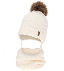 Czapka i komin dla chłopca, z wełną merino, Gonzo, kremowy (11) , 48-50 cm