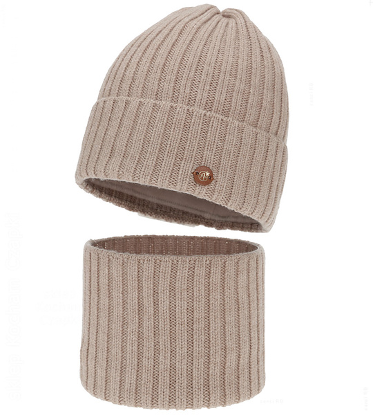Czapka i komin z wełny merino 100%, komplet zimowy, Navira, beżowy, 54-56 cm
