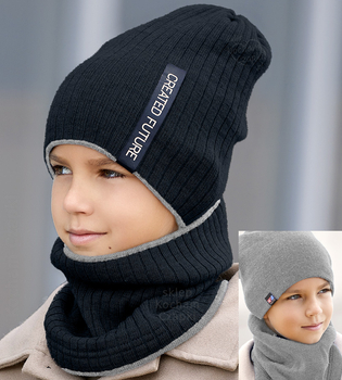 Zimowa czapka i komin, sportowy komplet dla chłopca, Creation, dwustronny, granat + szary, 50-55 cm