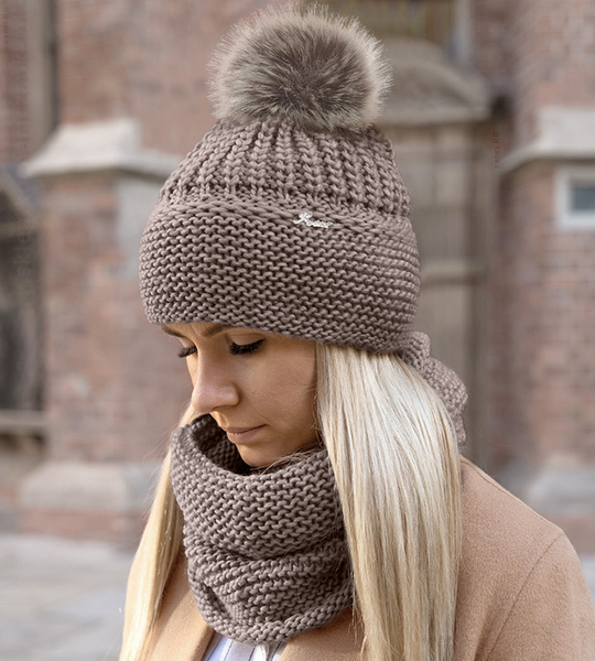 Czapka zimowa z pomponem i komin, damski komplet Mauricia rozm. 55-57 cm