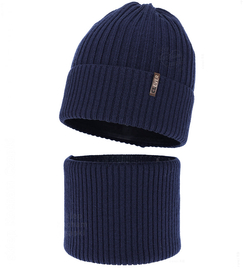 Czapka i komin dla chłopca, na zimę, 100% merino, Mogizzo, niebieski granatowy (06), 50-52 cm