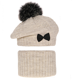 Beret zimowy i komin dla dziewczynki, Omara, beżowy melanż, 48-50 cm
