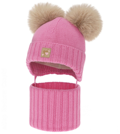 Czapka i komin dla dziewczynki, 100% merino, z polarem wełnianym, Norina, różowy (06), 42-45 cm