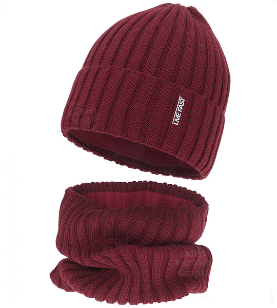 Czapka i komin dla chłopca, merino 50%, Nabasco, bordowy, 55-57 cm