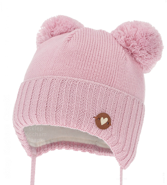 Czapka niemowlęca na zimę dla dziewczynki, merino, Semyna, różowa, 38-40 cm