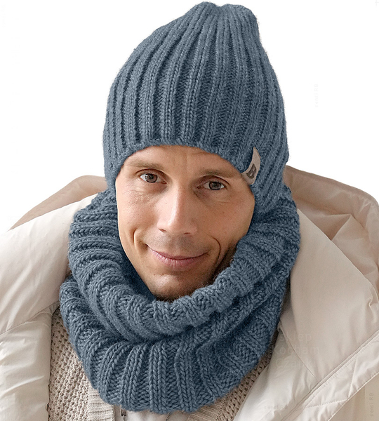 Czapka i komin zimowy męski, Jobrin, 2w1, niebieski jeans, 55-58 cm