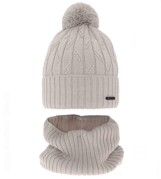 Czapka i komin merino dla chłopca, polar, Latero, beżowa, 55-58 cm