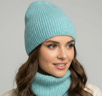 Modna czapka z cyrkoniami i komin w prążek, Xo, turkusowy, 56-58 cm