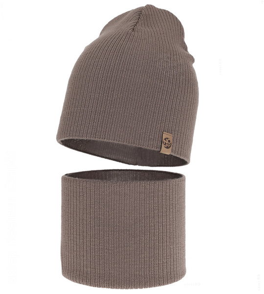 Czapka i komin dla chłopca, jesienny/wiosenny komplet, 100% wełna merino, Chiris, fango ciemny (10) , 48-51 cm