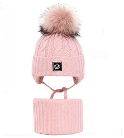 Komplet zimowy, czapka i komin dla dziewczynki, brudny róż, Gitra, 42-44 cm