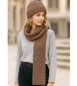 Komplet czapka i szalik,  merino 100%, Porshia, kakaowy, 56-58 cm