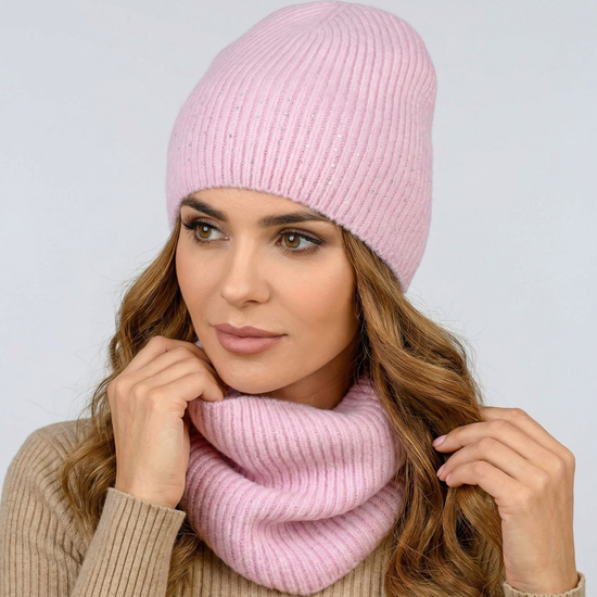 Modna czapka z cyrkoniami i komin w prążek, Xo, różowy, 56-58 cm