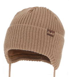 Czapka zimowa, niemowlęca, z wełną merino, wiązana, Saripn, kamel, 36-38 cm