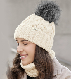 Czapka i komin zimowy, komplet damski, Vitona, kremowy, 56-58 cm