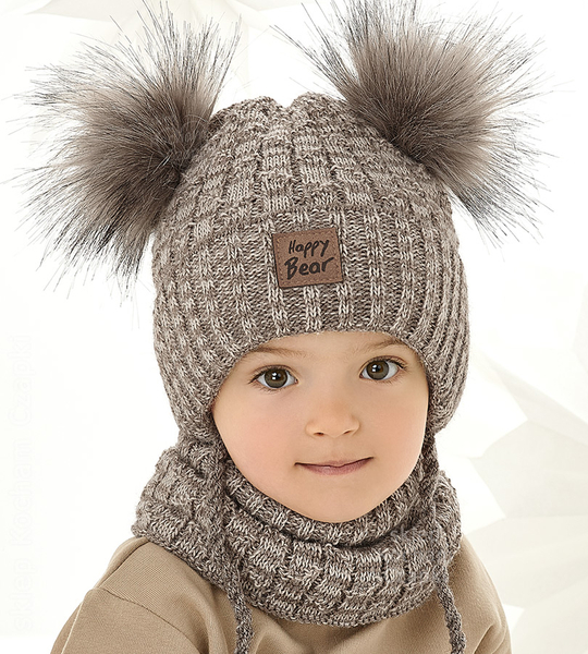 Zimowa czapka i komin dla chłopca, Verrat, beżowy melanż, 50-53 cm