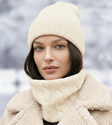 Czapka i komin z wełny merino i kaszmiru, komplet damski, kremowy, 55-58 cm