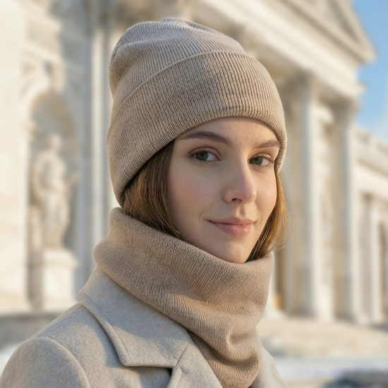 Czapka i komin z wełny merino i kaszmiru, komplet damski, Ginevra, beżowy, 55-58 cm