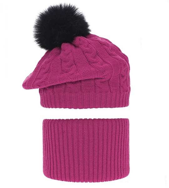Komplet zimowy dla dziewczynki, beret i komin, Fokki, ciemny róż, 52-55 cm