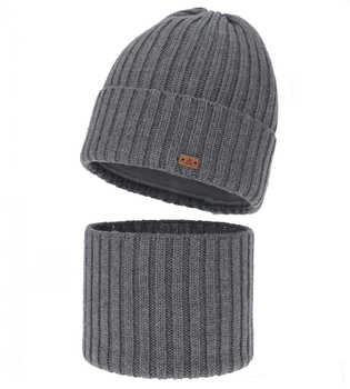 Czapka i komin dla chłopca, zimowy komplet, 100% wełniany merino, Buerto, szary (03), 55-57 cm