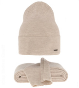 Komplet jesienno-zimowy damski, czapka i szalik,  merino 100%, Lemona, jasny beżowy, 54-56 cm