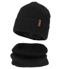 Czapka i komin dla chłopca, z wełną merino, Locton, czarny, 50-52 cm