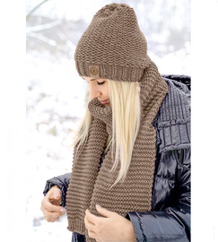 Czapka damska z polarem i długi szal, zimowy komplet, Gisele, kakaowy, 54-56  cm