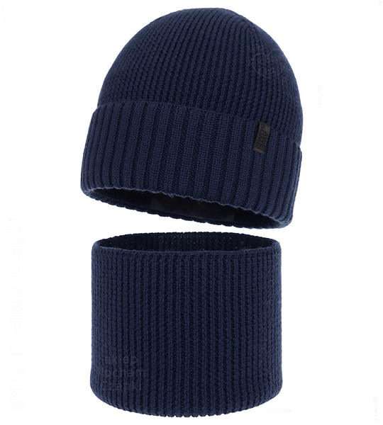 Czapka i komin dla chłopca, 100% merino, Rahian, granatowy, 53-55 cm