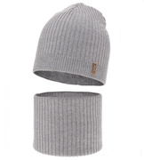 Czapka i komin dla chłopca, jesienny/wiosenny komplet, 100% wełna merino, Shetter, szary jasny, 51-53 cm