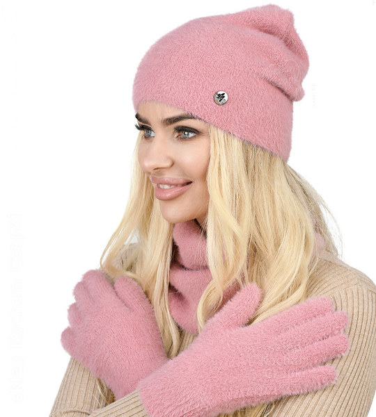 Czapka, komin i rękawiczki, damski komplet zimowy, Bernata, różowy, 55-60 cm