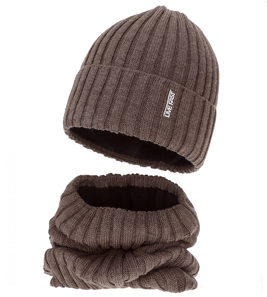 Czapka i komin dla chłopca, merino 50%, Nabasco, brązowy, 55-57 cm