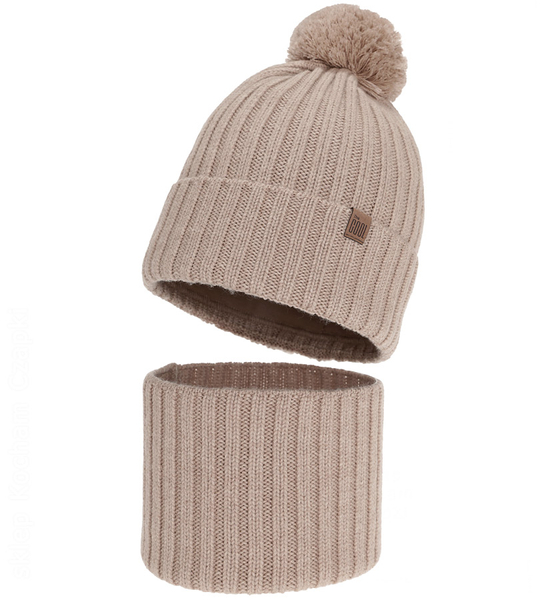 Czapka i komin dla chłopca, 100% merino, Mogtar, beżowy, 52-54 cm