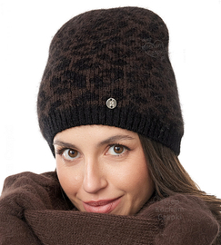 Czapka Damska z Angory w panterkę, Sicorra, brązowa, 55-58 cm