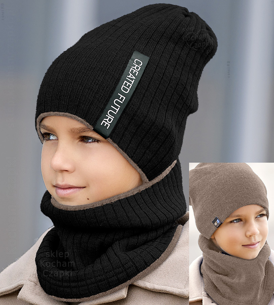 Zimowa czapka i komin, sportowy komplet dla chłopca, Creation, dwustronny, czarny + kakaowy, 50-55 cm