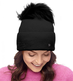 Czapka Damska z Wełny Merino i Kaszmiru z Pomponem z Jenota, Cavilla, czarna, 55-57 cm