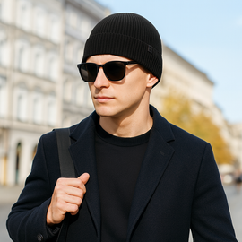 Czapka męska, wiosenna/jesienna, z wełny merino i kaszmiru, Uzatyr, czarna, 55-58 cm