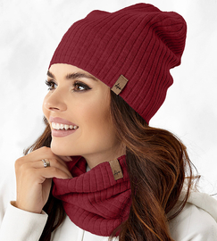 Czapka i komin damski, komplet Catrine, dzianinowy, bordowy, 55-56 cm