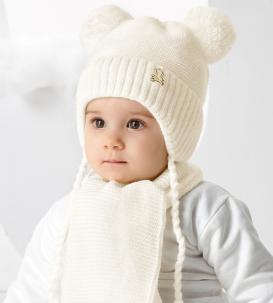Czapka i szalik dla dziewczynki, komplet niemowlęcy na zimę, Piedra, kremowy, 40-43 cm
