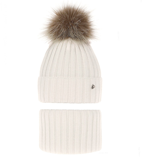 Zimowa czapka i komin dla dziewczyny, Wilma, biały śmietankowy, 52-56 cm