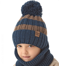 Czapka z pomponem dla chłopca na zimę, Adamus, brązowo-granatowa, 53-55 cm