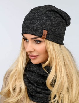 Czapka smerfetka i komin damski, komplet wiosenny/jesienny, na łagodną zimę, grafit melanż, 55-57 cm