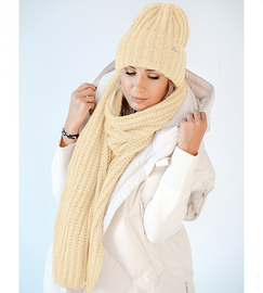 Czapka i szalik damski, podwijana i długi szal, wełna, Limda, kremowy, 56-59 cm