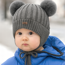 Czapka merino dla chłopca, zimowa z pomponami, Kamino, szary, 44-46 cm
