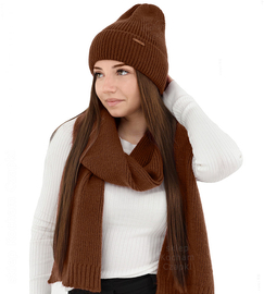 Komplet zimowy damski, czapka i szalik, z wełną merino, Alyssa, brązowy, 56-60 cm