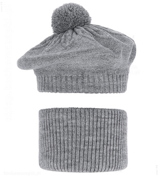 Beret i komin dla dziewczynki, zimowy komplet, Akcja, szary, 50-54 cm