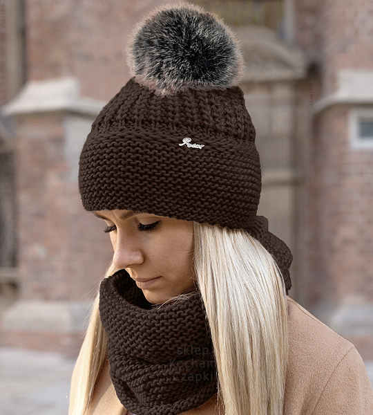 Czapka i komin damski, zimowa z pomponem, Mauricia, brązowy (5),  55-57  cm
