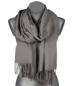 Szalik damski ciemnoszary cienki z frędzlami – miękki, poliestrowy, na jesień i zimę
